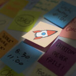 Note memo papers post it and rocket start up icon